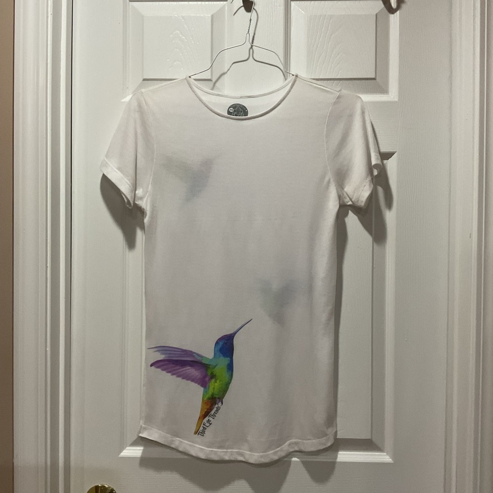 Long White Hummingbird Graphic Tee with side slits swim coverup short sleeve top